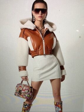 Cropped Brown Leather and Cream Shearling Hooded Bomber Jacket
